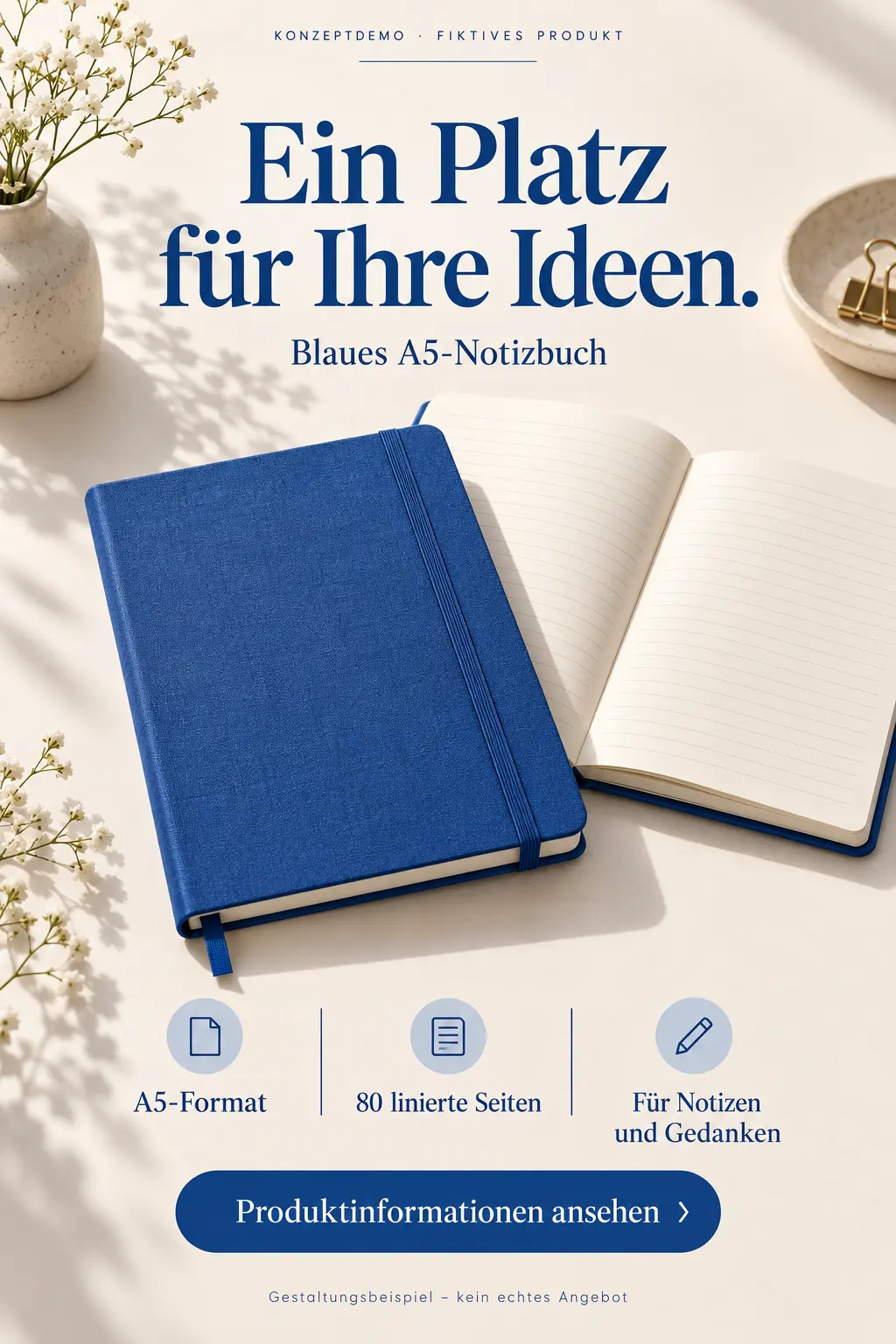 KI-generierte Konzeptdarstellung eines blauen Notizbuchs; fiktives Produkt.